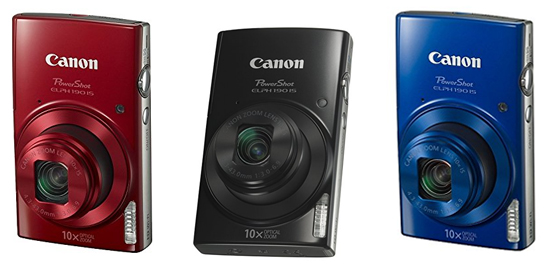 Product photos: Canon PowerShot ELPH 190 IS 20.0 MP Compact Digital Camera - 720p - Black, Red, and Blue.